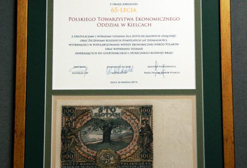Karneol 01.04.02 • Dyplom jubileuszowy wykonany na kartonie ozdobnym z wklejonym starym banknotem