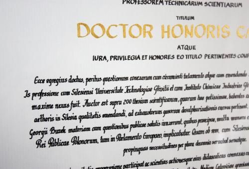 Karneol Nr 01.06 • Akt nadania tytułu doktora honoris causa. Kaligrafia – styl cancelaresca i antykwa renesansowa. Papier czerpany w formacie B2.