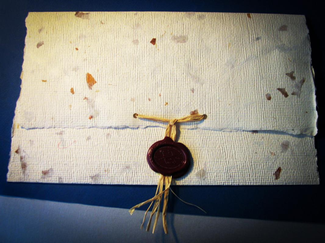 Nr 02.11 • Koperta z papieru czerpanego z wtopionymi roślinami. Oprawa do dokumentów A4. Pieczęć lakowa. Karneol Nr 02.11 • Koperta z papieru czerpanego z wtopionymi roślinami. Oprawa do dokumentów A4. Pieczęć lakowa.