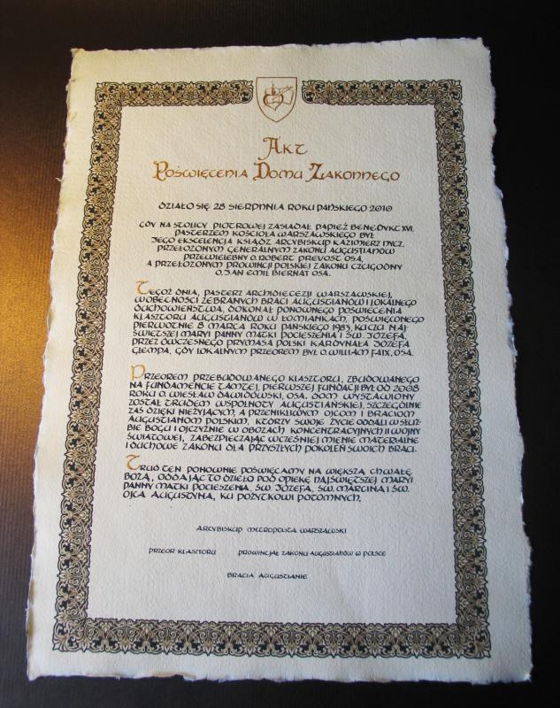 Karneol 03.01.12 • Akt poświęcenia domu zakonnego wykonany na papierze czerpanym z ręcznie wykonaną grafiką i złoceniem