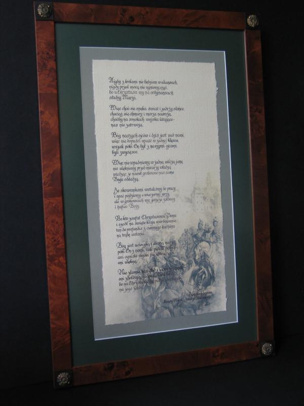 Karneol K-08.P-01.15 • Wiersz wykonany pismem kaligraficznym na papierze czerpanym. Rama w stylu biedermeier.