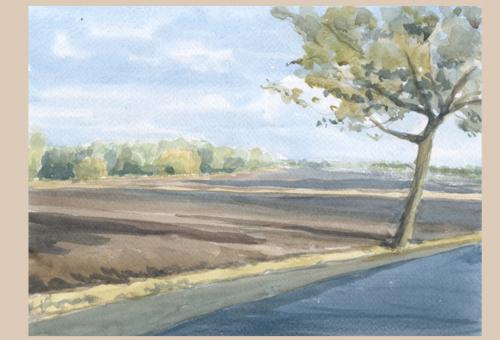 Karneol K-08.P-02.05 • Ilustracje ręczne. Pejzaż – pola jesienią. Akwarela.