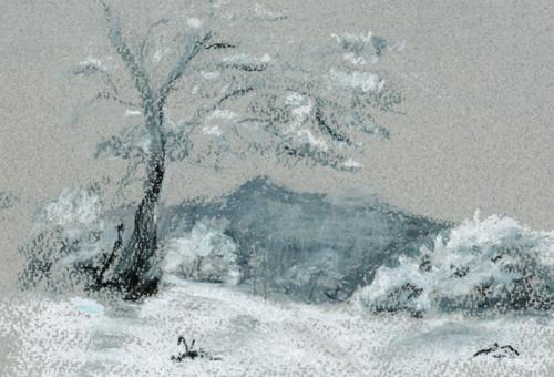 Karneol K-08.P-02.09 • Ilustracja ręczna. Pejzaż zimowy. Pastel.
