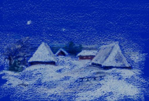 Karneol K-08.P-02.12 • Ilustracje ręczne. Chałupy wiejskie nocą. Pastel.