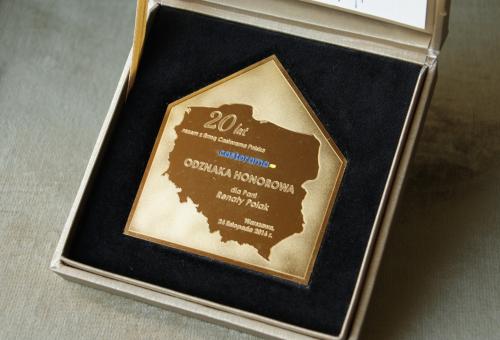 Karneol Nr 04.15 • 20-lecia pracy w firmie CASTORAMA. Plakietka jubileuszowa. Nagroda. Mosiądz grawerowany. Emalia 	