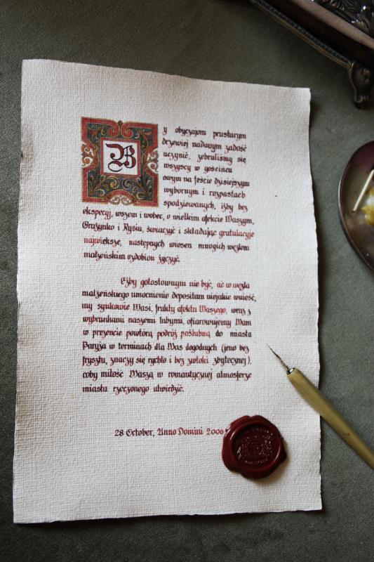 Karneol Nr 11.03. • List z okazji rocznicy ślubu. Kaligrafia z inicjałem ozdobnym. Papier czerpany.