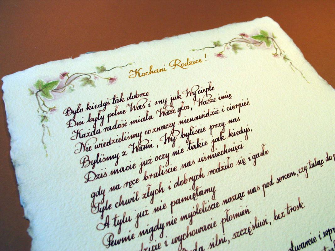 Karneol Nr 11.08. • List - podziękowanie dla Rodziców. Kaligrafia. Papier czerpany. Projekt indywidualny.