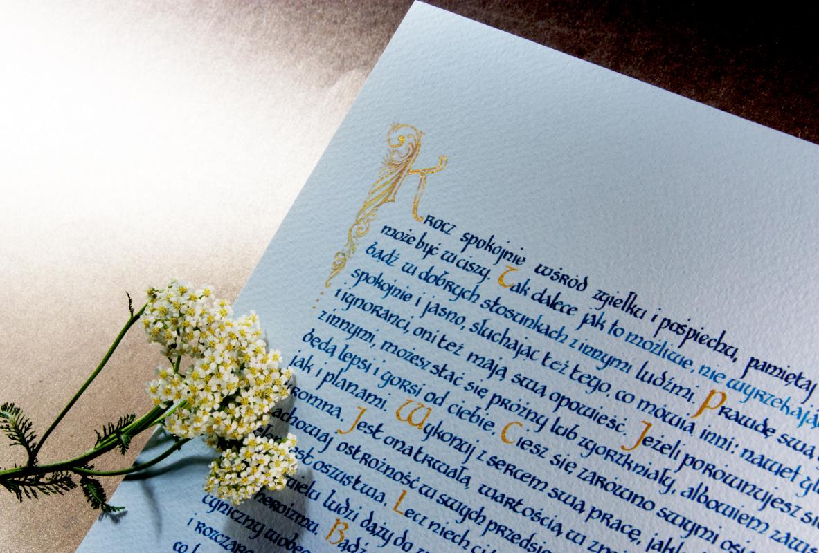 Karneol Nr 11.20. • Narodziny dziecka Dezyderata na drogę życia. Papier czerpany. Kaligrafia. 