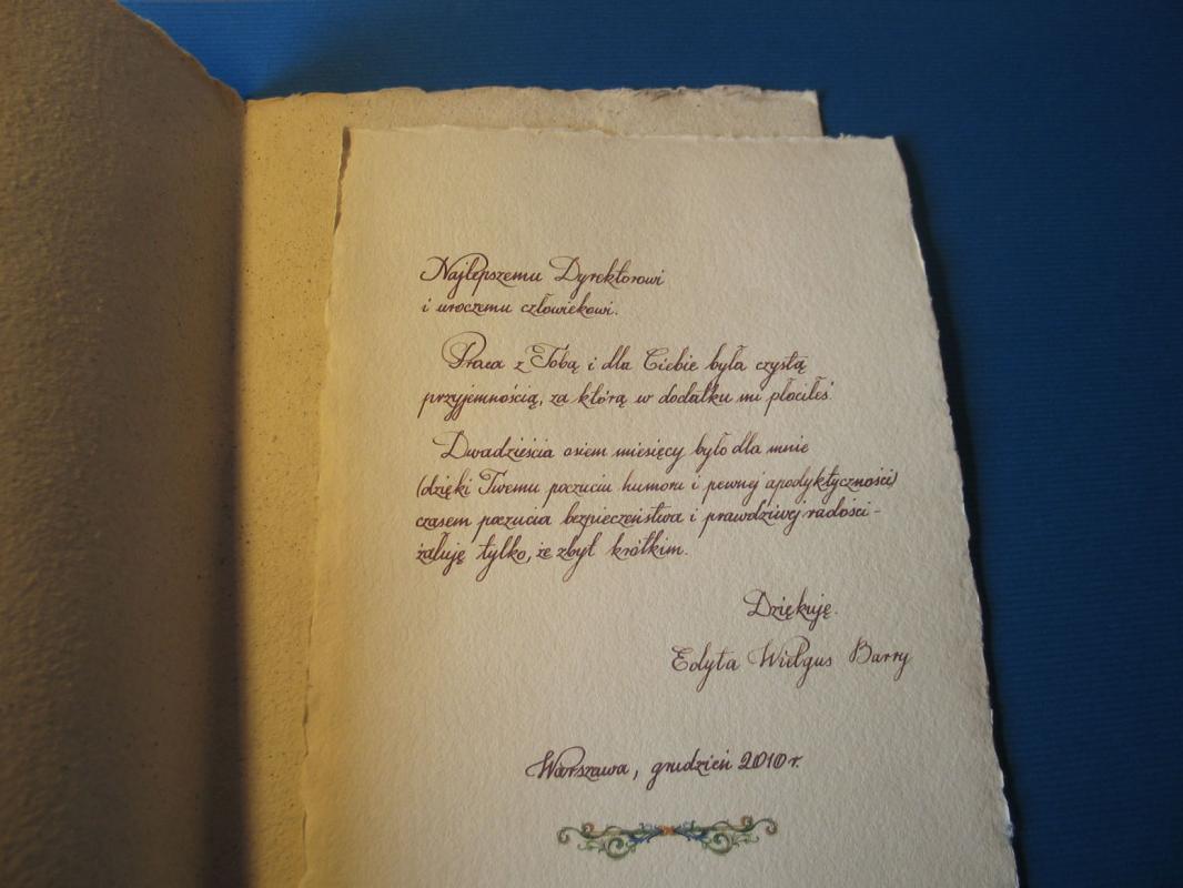 Karneol Nr 11.25. • Podziękowanie za współpracę. Papier czerpany. Kaligrafia. Projekt i wykonanie indywidualne.