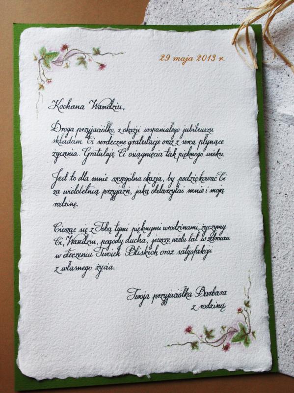 Karneol Nr 11.27. • Życzenia urodzinowe. Papier czerpany. Ręczne złocenie. Projekt i wykonanie indywidualne.