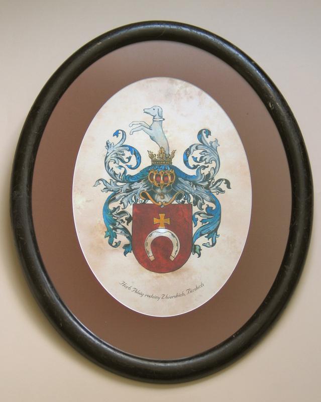 Karneol Nr 11.35. • Odtworzenie herbu i oprawa w ramę.