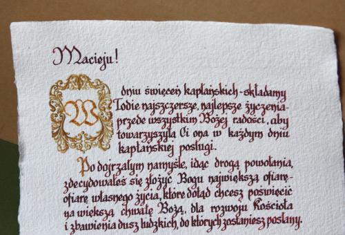 Karneol Nr 11.24. • List gratulacyjny z tytułu przyjęcia święceń kapłańskich. Kaligrafia. Projekt indywidualny.